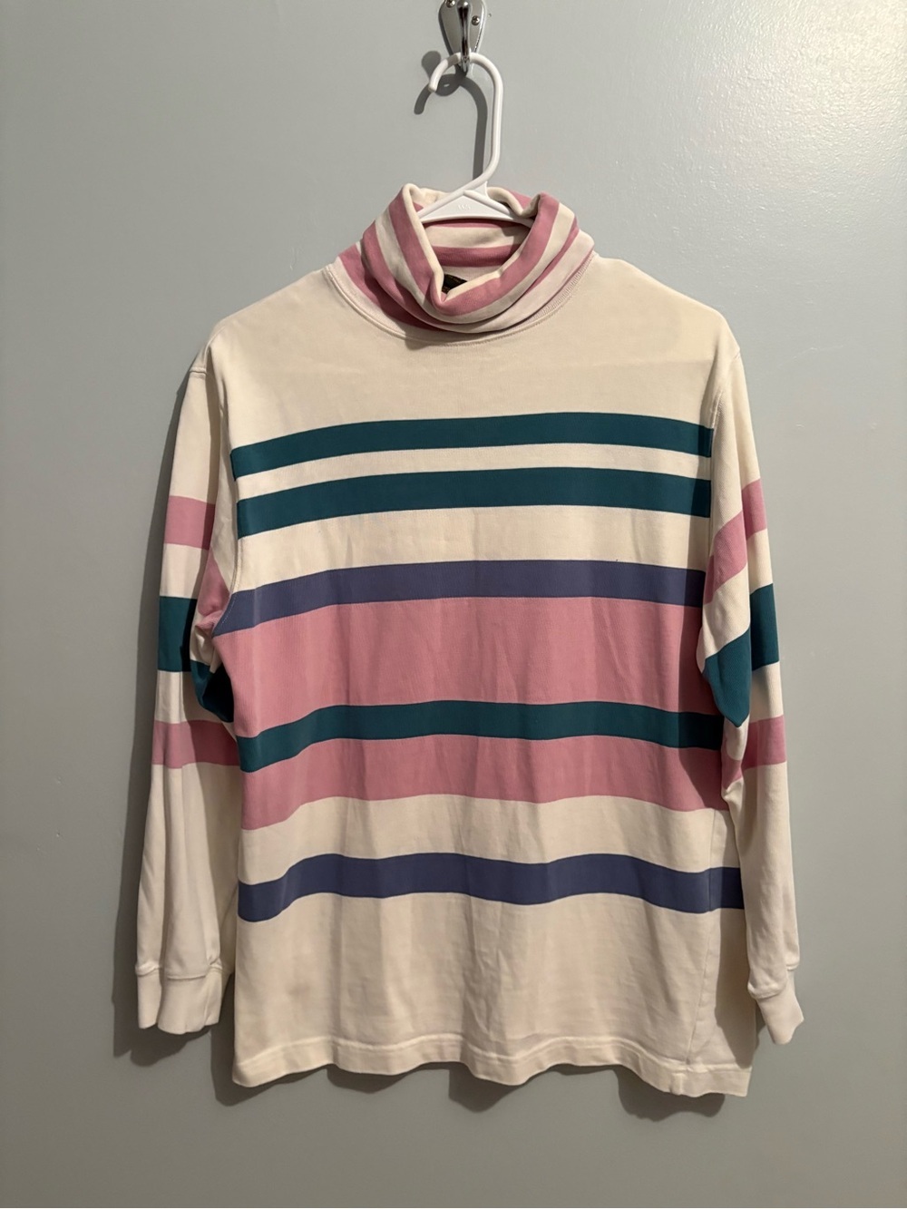 Vintage Eddie Bauer Cream Turtleneck Sweater Stripes Retro Women's Medium Pink